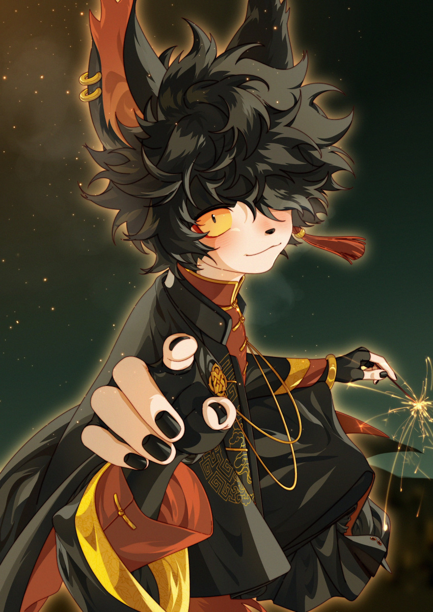 1boy aak_(arknights) aak_(doctor_of_faces)_(arknights) absurdres animal_ears arknights blush chinese_clothes colored_sclera commentary_request ear_piercing earrings fingerless_gloves fireworks furry furry_male gloves hair_over_one_eye highres holding_fireworks jewelry looking_at_viewer male_focus mythological_creature official_alternate_costume omedemidori one_eye_covered outstretched_hand piercing sparkler yellow_sclera
