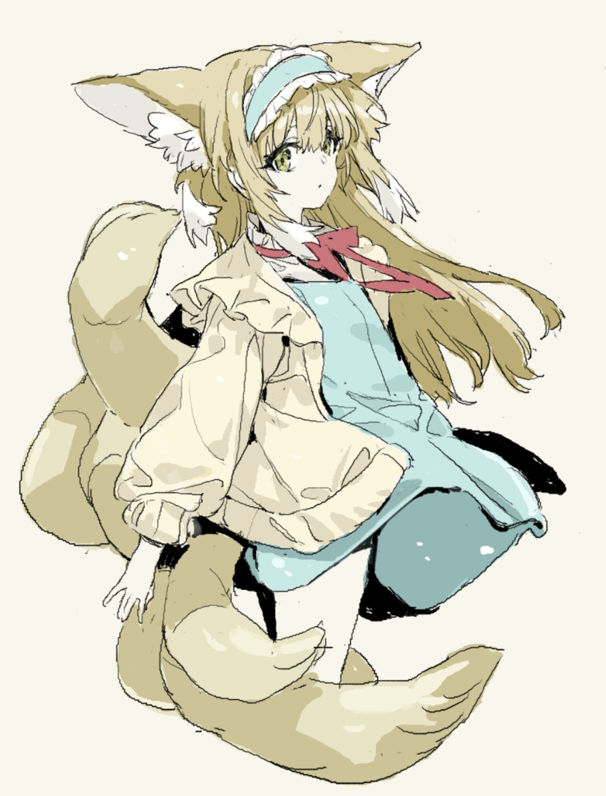 1girl animal_ear_fluff animal_ears arknights blonde_hair blue_dress bow bowtie cropped_legs dress fox_ears fox_girl fox_tail frilled_hairband frills green_eyes hairband highres jacket long_hair long_sleeves looking_at_viewer looking_to_the_side multiple_tails nobita_(makoto7060355) open_clothes open_jacket simple_background solo suzuran_(arknights) suzuran_(spring_praise)_(arknights) tail white_background wind yellow_jacket