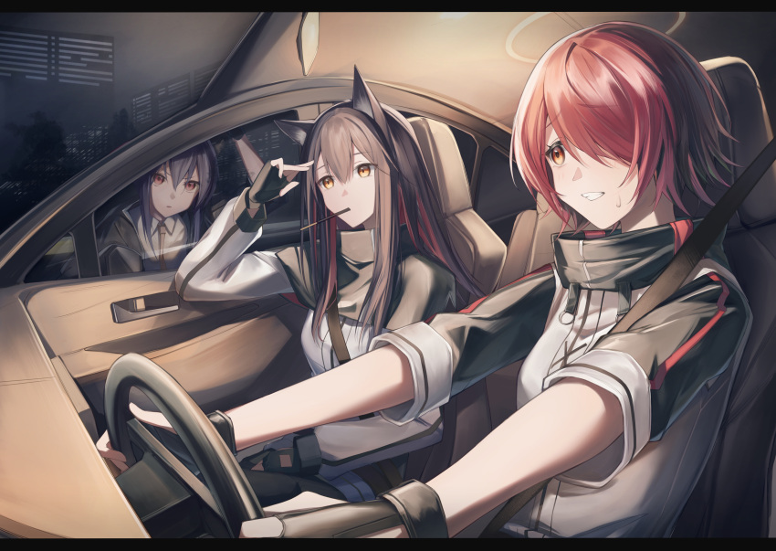 3girls absurdres animal_ear_fluff animal_ears arknights arm_rest arm_up black_capelet black_gloves black_hair black_jacket black_pantyhose black_sky black_straps blue_hair breasts brown_horns building capelet car_interior car_seat ch'en_(arknights) city city_lights cityscape clear_sky clenched_teeth closed_mouth collared_capelet collared_jacket collared_shirt colored_inner_hair commentary_request cowboy_shot double-parted_bangs dragon_girl dragon_horns dress_shirt expressionless exusiai_(arknights) facing_viewer fingerless_gloves fingernails food food_in_mouth from_side frown gloves grin hair_between_eyes hair_flowing_over hair_over_eyes hair_over_one_eye halo hand_on_lap hand_rest hand_to_head high_collar highres holding horns jacket leaning leaning_against_vehicle leaning_forward light_blush long_hair long_sleeves looking_afar looking_ahead looking_at_another medium_breasts mouth_hold multicolored_clothes multicolored_hair multicolored_jacket multiple_girls necktie nervous nervous_smile night o-ring_strap one_eye_covered open_clothes open_jacket orange_eyes outdoors outstretched_arms outstretched_hand pantyhose parted_lips pocky pocky_in_mouth puffy_long_sleeves puffy_sleeves r_oot rear-view_mirror red_eyes redhead seatbelt shadow shirt short_hair side-view_mirror sidelocks single_vertical_stripe sitting sky sleeve_cuffs smile standing steering_wheel strap streaked_hair striped striped_jacket sweatdrop swept_bangs teeth texas_(arknights) two-tone_hair two-tone_jacket upper_body v-shaped_eyebrows vertical-striped_jacket vertical-striped_sleeves vertical_stripes white_jacket white_shirt windshield wing_collar wolf_ears wolf_girl yellow_halo yellow_necktie