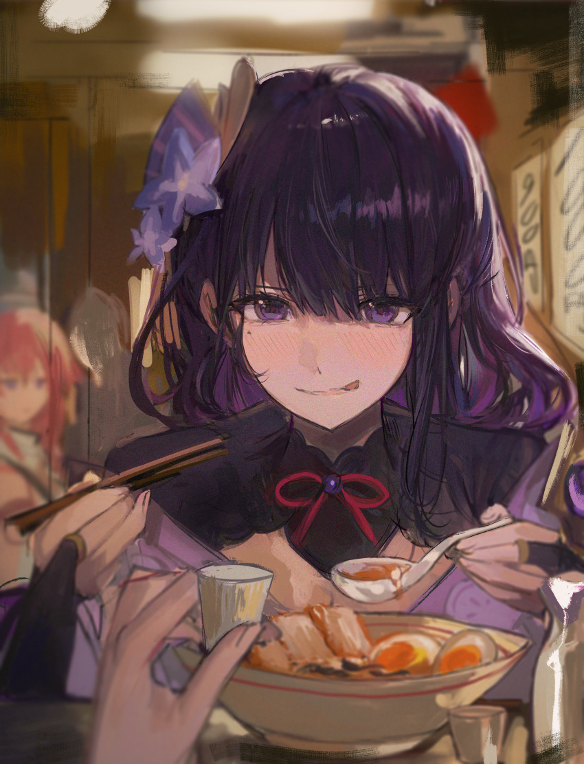 2girls absurdres blunt_bangs blurry blurry_background bottle bowl choko_(cup) chopsticks cup duplicate food genshin_impact hair_ornament highres holding holding_chopsticks holding_cup holding_spoon indoors japanese_clothes light_blush looking_at_food looking_down mole mole_under_eye multiple_girls noodles pov pov_hands purple_hair qqkkay raiden_shogun spoon tongue tongue_out violet_eyes yae_miko