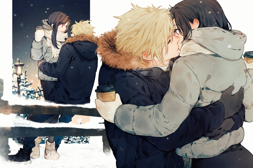 1boy 1girl black_coat black_footwear black_gloves black_hair black_pants blonde_hair blush closed_eyes cloud_strife coat commentary couple cup disposable_cup ear_blush final_fantasy final_fantasy_vii final_fantasy_vii_remake fur-trimmed_coat fur_trim gloves grey_coat hetero highres holding holding_cup hood hood_down hooded_coat hug kiss lamppost long_hair looking_at_another maiii_(smaii_i) multiple_views night night_sky open_mouth outdoors pants red_eyes scarf single_sidelock sitting sky snow snowing spiky_hair symbol-only_commentary tifa_lockhart tree white_footwear white_gloves white_scarf winter_clothes winter_coat