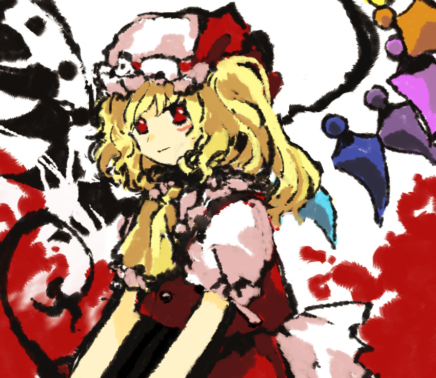 1girl ascot blonde_hair closed_mouth commentary_request flandre_scarlet hat hat_ribbon highres kaigen_1025 mob_cap one_side_up puffy_short_sleeves puffy_sleeves red_eyes red_ribbon red_skirt red_vest ribbon short_sleeves sketch skirt smile touhou upper_body vest white_hair wings yellow_ascot