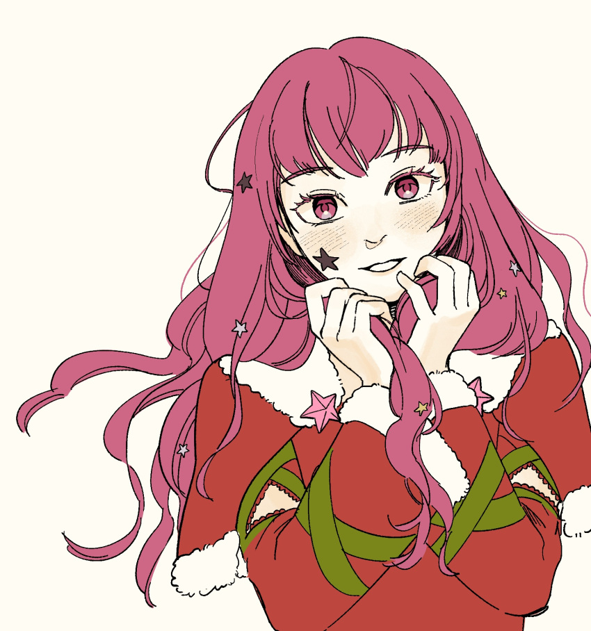 1girl christmas facial_mark fire_emblem fire_emblem_engage fire_emblem_heroes hair_ornament highres holly_hair_ornament long_hair looking_at_viewer red_eyes redhead ro_botw santa_capelet solo star_(symbol) star_facial_mark star_hair_ornament yunaka_(fire_emblem) yunaka_(fire_emblem)_(spirited_envoy)