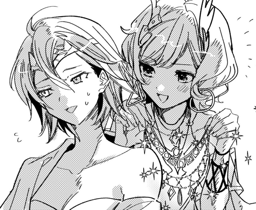 2girls character_request citrinne_(fire_emblem) earrings fire_emblem fire_emblem_engage greyscale hoop_earrings illust_mi jewelry leather_wrist_straps looking_at_another mismatched_earrings monochrome multiple_girls open_mouth wing_hair_ornament