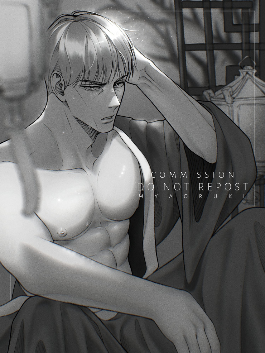 1boy abs bare_pectorals commission greyscale hair_down highres japanese_clothes jujutsu_kaisen kimono lantern lips long_sleeves looking_at_viewer male_focus mayo_(myaoruki) monochrome muscular muscular_male nanami_kento parted_lips partially_undressed pectorals short_hair sitting solo upper_body wide_sleeves
