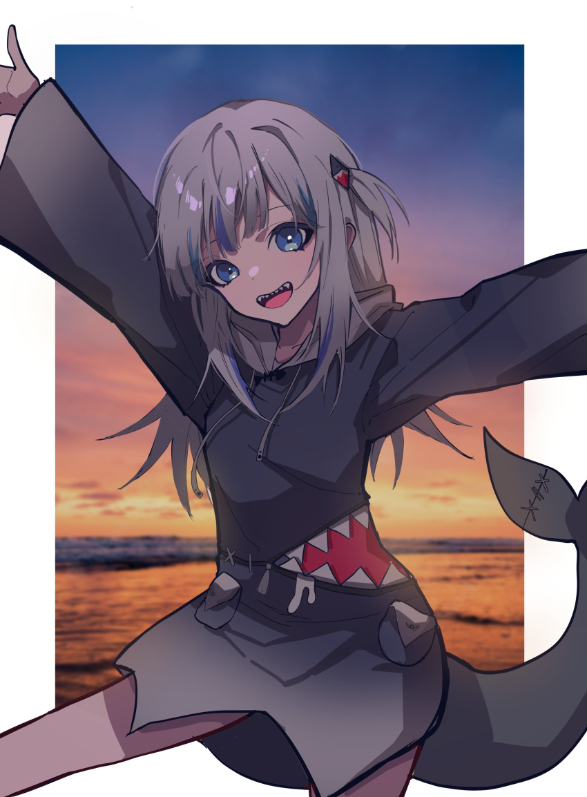 1girl absurdres animal_costume arms_up beach blue_eyes blue_hair blue_hoodie border commentary drawstring english_commentary evening fins fish_tail gawr_gura gawr_gura_(1st_costume) grey_hair hair_ornament highres hololive hololive_english hood hood_down hoodie long_hair long_sleeves looking_at_viewer mentally_deficient multicolored_hair no_pants open_mouth outside_border shark_costume shark_girl shark_hair_ornament shark_tail sharp_teeth sidelocks smile solo streaked_hair tail teeth two-tone_hair virtual_youtuber white_border wide_sleeves