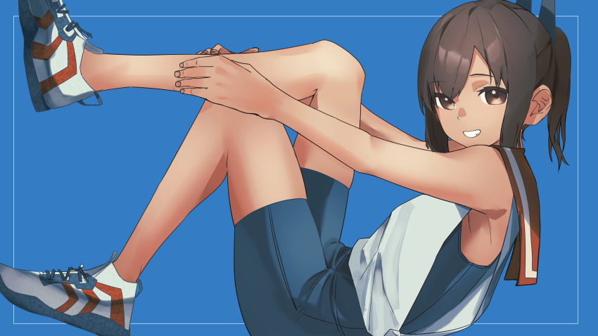 1girl absurdres blue_background blue_one-piece_swimsuit brown_eyes brown_hair from_side grin hato_kan highres i-401_(kancolle) kantai_collection looking_at_viewer one-piece_swimsuit ponytail red_sailor_collar sailor_collar shirt shoes simple_background sleeveless sleeveless_shirt smile sneakers solo swimsuit swimsuit_under_clothes tan