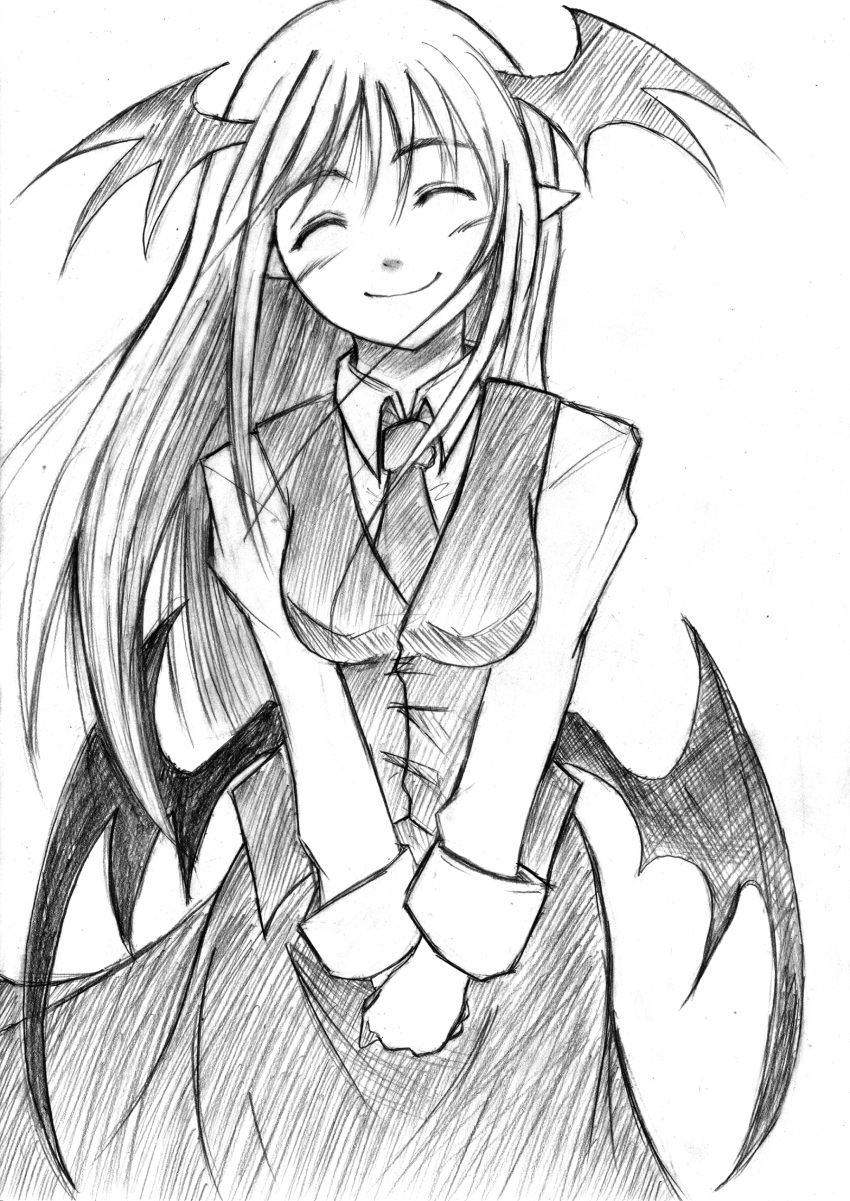 1girl ^_^ absurdres bat_wings black_wings blush breasts closed_eyes collared_shirt commentary_request cowboy_shot dress_shirt graphite_(medium) greyscale head_tilt head_wings highres koakuma long_hair looking_at_viewer low_wings medium_breasts monochrome necktie own_hands_together pointy_ears shirt sidelocks simple_background sketch skirt skirt_set smile solo touhou traditional_media v_arms very_long_hair vest warabe-raku_dora white_background white_shirt wings