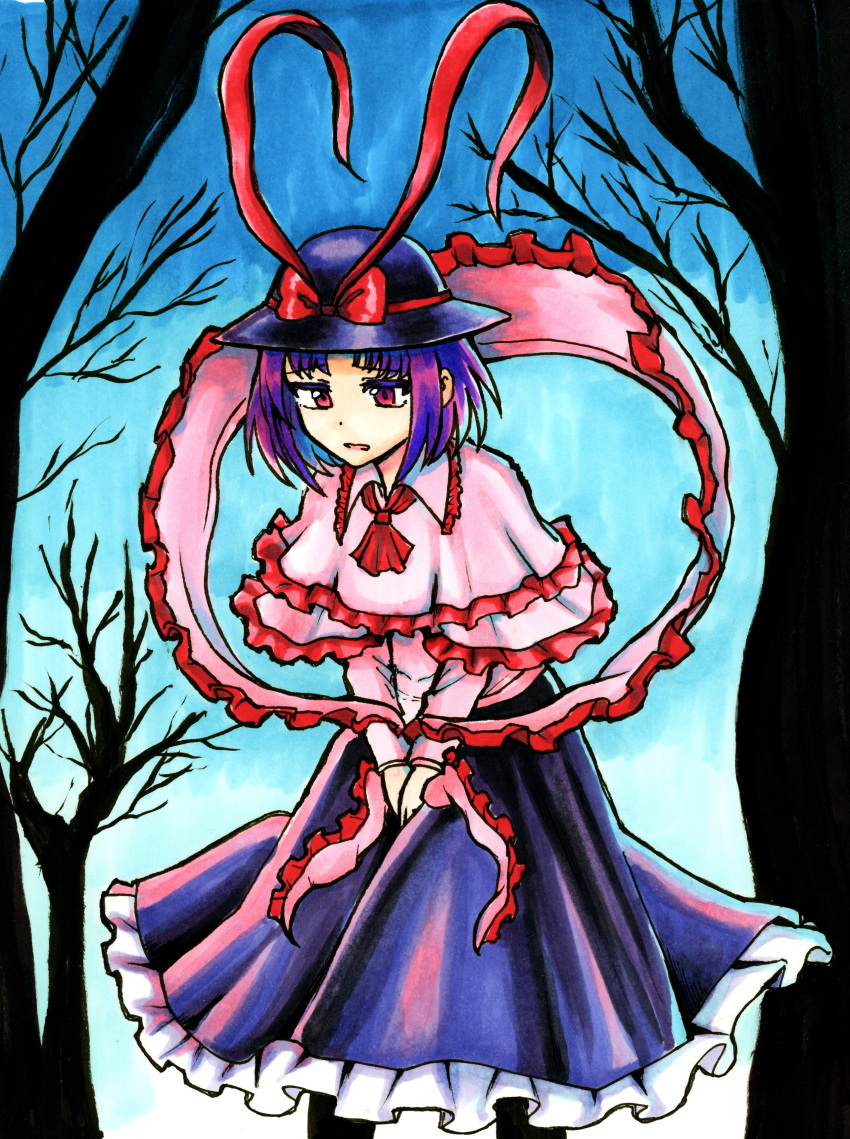 1girl absurdres bare_tree black_headwear black_skirt bow capelet commentary english_commentary frilled_capelet frilled_shawl frilled_skirt frills hat hat_bow highres jazonyan nagae_iku open_mouth outdoors pink_capelet purple_hair red_bow red_eyes shawl short_hair skirt solo touhou tree