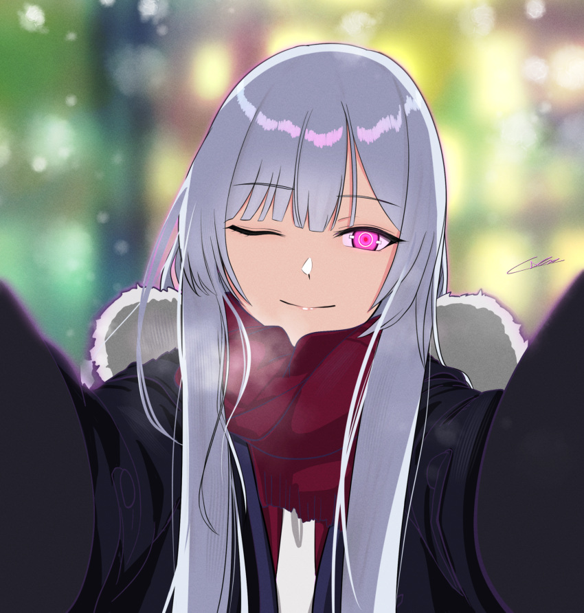 1girl absurdres ak-12_(girls'_frontline) artificial_eye blunt_bangs eyebrows_hidden_by_hair fur_collar gincho girls_frontline highres jacket long_hair looking_at_viewer one_eye_closed outstretched_arms pink_hair reaching reaching_towards_viewer red_scarf scarf sidelocks signature snowing solo white_hair winter_clothes