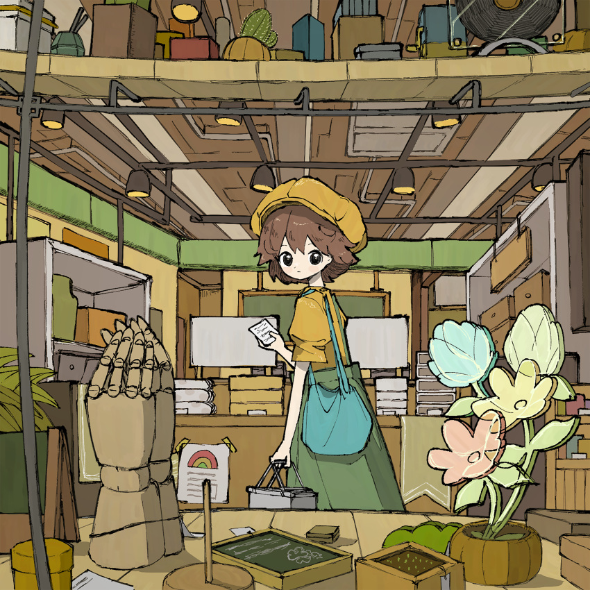 1girl absurdres aqua_bag bag basket box brown_hair cactus ceiling_light chalkboard_sign closed_mouth commentary_request commission drawing_mannequin flower from_side green_skirt hat highres holding holding_basket indoors looking_at_viewer looking_to_the_side neruzou original plant potted_plant shelf shirt shopping_basket short_hair short_sleeves shoulder_bag skirt solo standing yellow_headwear yellow_shirt