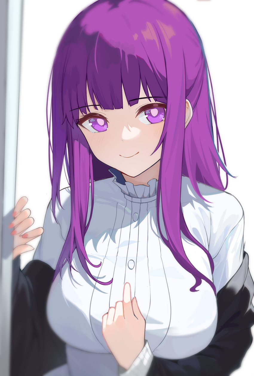1girl absurdres black_coat black_robe blunt_bangs breasts closed_mouth coat collar dress eiightman fern_(sousou_no_frieren) frilled_collar frills hand_on_own_chest highres large_breasts long_hair long_sleeves looking_at_viewer purple_hair purple_pupils robe sidelocks smile solo sousou_no_frieren straight_hair violet_eyes white_dress