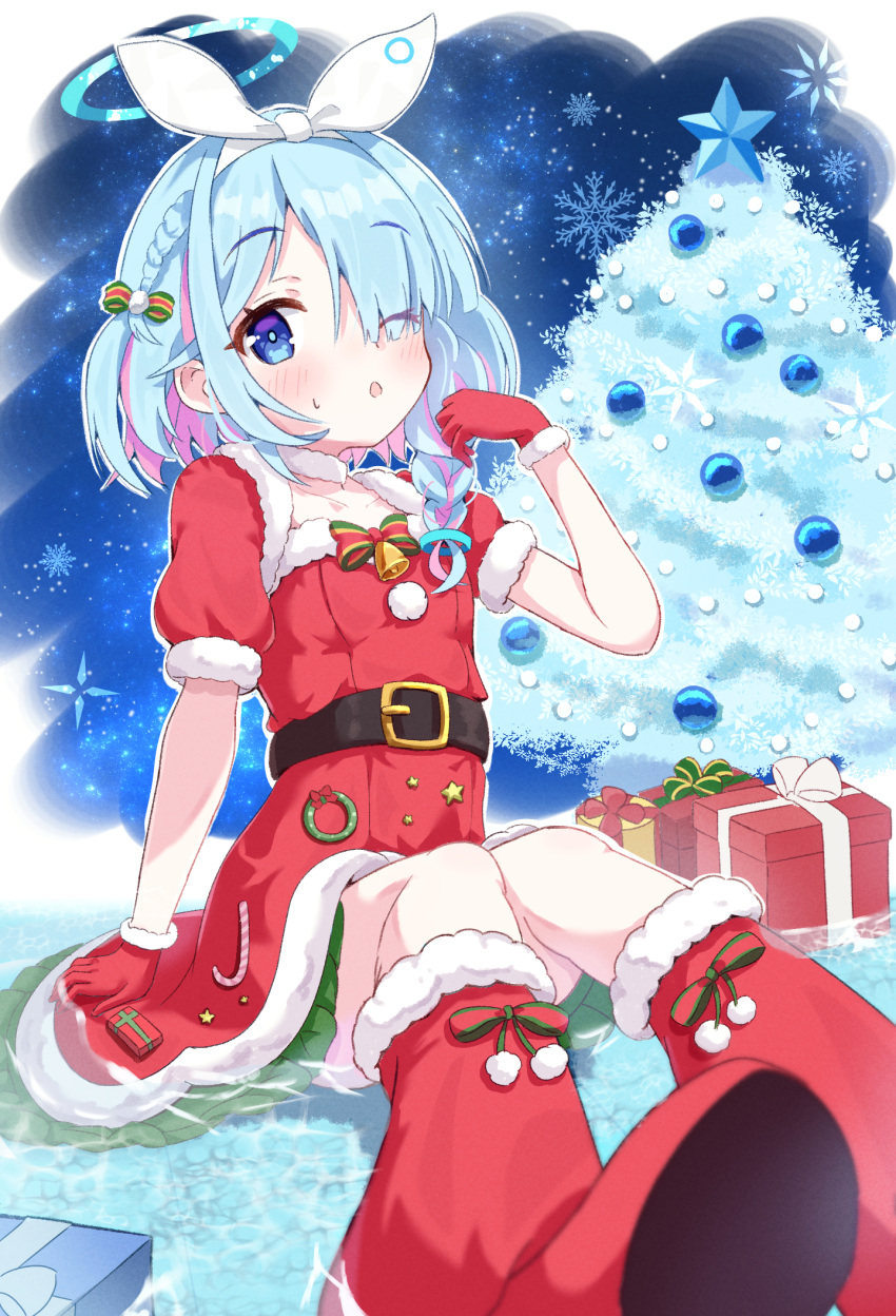 1girl arona_(blue_archive) belt blue_archive blue_hair blush boots brown_belt christmas_present christmas_tree colored_inner_hair dress fur-trimmed_boots fur-trimmed_dress fur-trimmed_gloves fur_trim gift gloves headband highres looking_at_viewer mikumiku37 multicolored_hair one_eye_closed open_mouth pink_hair red_dress red_footwear red_gloves revision santa_boots santa_dress santa_gloves short_hair white_headband