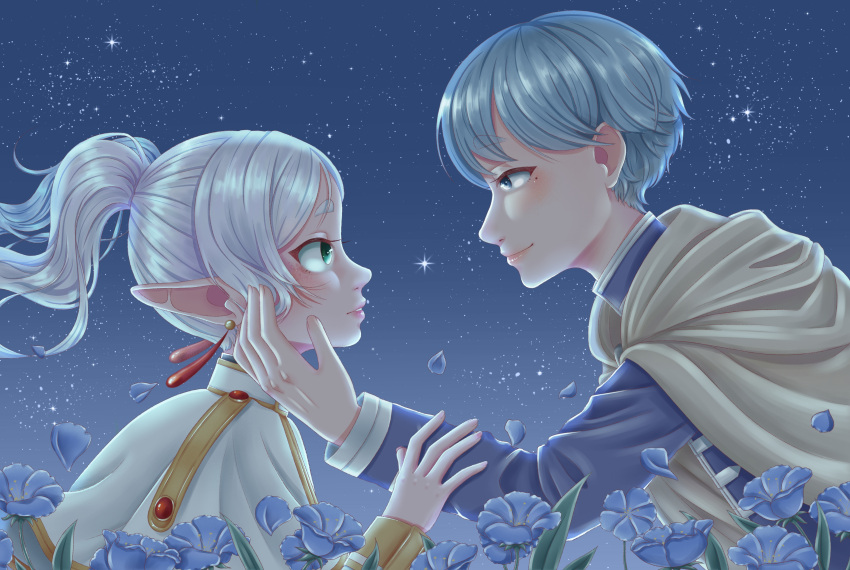1boy 1girl absurdres artist_request blue_eyes blue_flower blue_hair blue_tunic blush capelet cloak coat couple earrings elf english_commentary eye_contact facing_another flower frieren green_eyes grey_hair hand_on_another's_arm hand_on_another's_cheek hand_on_another's_face hetero highres himmel_(sousou_no_frieren) jewelry long_hair long_sleeves looking_at_another mole mole_under_eye night night_sky outdoors parted_bangs pointy_ears profile short_hair sky smile sousou_no_frieren star_(sky) starry_sky twintails white_capelet white_cloak white_coat