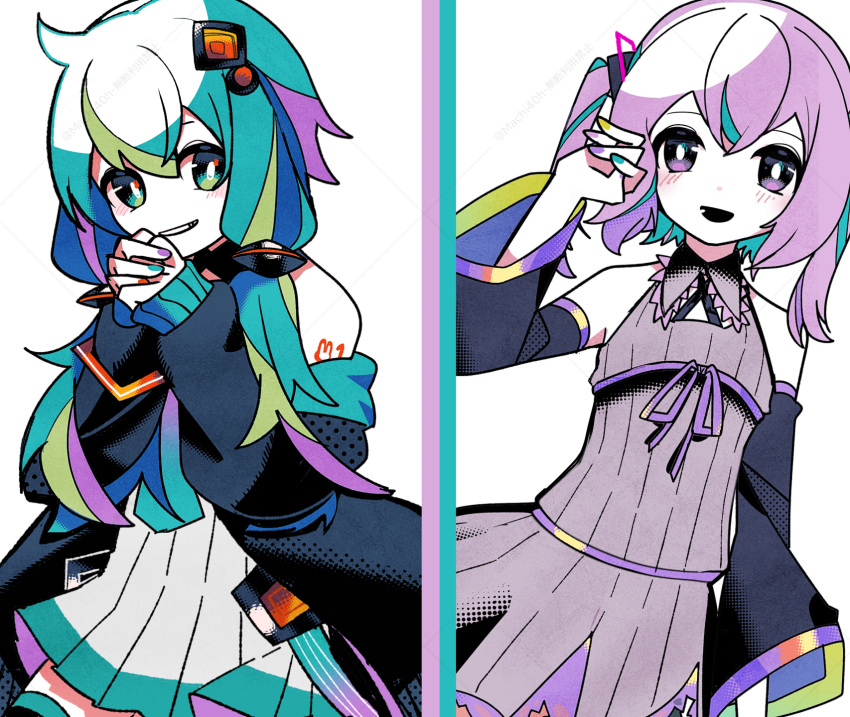 2girls alternate_hairstyle aqua_eyes aqua_hair artist_name bare_shoulders black_jacket black_sleeves bright_pupils collared_dress commentary cosplay detached_sleeves dress flat_chest grin hair_between_eyes hair_ornament hairstyle_switch halftone hand_up hatsune_miku hatsune_miku_(cosplay) highres jacket long_hair long_sleeves looking_at_viewer low_twintails machigami_yoh medium_hair multicolored_hair multicolored_nails multiple_girls nail_polish number_tattoo off_shoulder open_mouth own_hands_together pleated_dress purple_dress purple_hair purple_ribbon rabbit_tattoo ribbon shoulder_tattoo signature simple_background sleeveless sleeveless_dress sleeves_past_wrists smile standing streaked_hair tattoo twintails twitter_username upper_body violet_eyes vocaloid watermark white_background white_dress white_pupils yuzuki_yukari yuzuki_yukari_(cosplay)