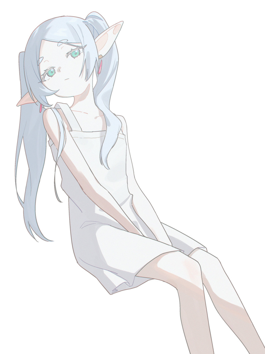 1girl :/ absurdres bare_shoulders dress earrings elf feet_out_of_frame flat_chest frieren green_eyes head_tilt highres jewelry kurobeko_(kur0bek0) long_hair looking_at_viewer pointy_ears simple_background sitting solo sousou_no_frieren twintails white_background white_dress white_hair