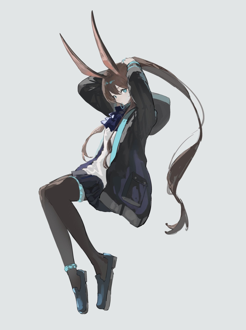 1girl aco_gbfg amiya_(arknights) animal_ears arknights ascot black_jacket blue_ascot blue_eyes brown_hair closed_mouth commentary full_body hair_between_eyes highres hood hood_down jacket jewelry long_hair long_sleeves looking_at_viewer open_clothes open_jacket pantyhose ponytail rabbit_ears ring shoes simple_background sitting solo thigh_ring tying_hair very_long_hair white_background