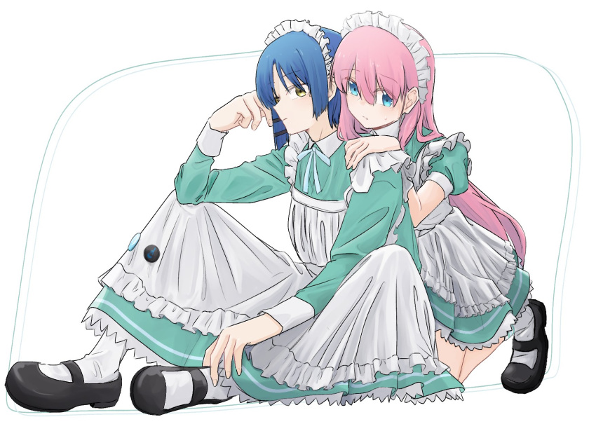 2girls alternate_costume apron black_footwear blue_eyes blue_hair bocchi_the_rock! closed_mouth commentary_request dress elbow_rest enmaided expressionless frilled_apron frills full_body gotoh_hitori green_dress hair_between_eyes hakidame_(hkdm_aka_283) hand_on_another's_shoulder highres kneeling knees_up long_hair long_sleeves looking_at_viewer maid maid_apron maid_headdress mary_janes multiple_girls puffy_short_sleeves puffy_sleeves shoes short_hair short_sleeves simple_background sitting socks very_long_hair white_apron white_background white_socks yamada_ryo yellow_eyes