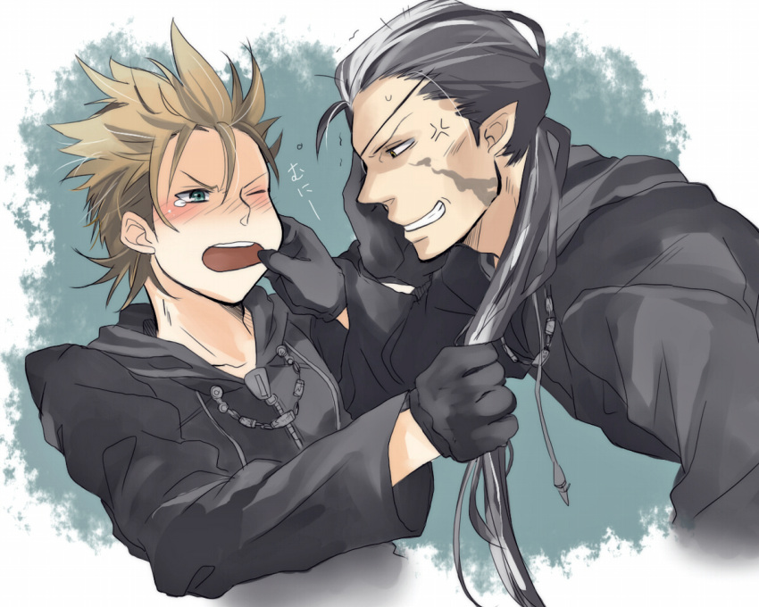 2boys anger_vein black_coat black_coat_(kingdom_hearts) black_gloves black_hair blue_background blue_eyes blush brown_hair cheek_pull clenched_teeth coat commentary_request cropped_torso demyx facing_to_the_side gloves grabbing_another's_hair hand_on_another's_face hood hooded_coat kingdom_hearts kingdom_hearts_ii leaning_forward long_hair long_sleeves looking_at_another low_ponytail male_focus minatoya_mozuku multicolored_hair multiple_boys one_eye_closed open_mouth organization_xiii pointy_ears scar scar_on_cheek scar_on_face short_hair spiky_hair streaked_hair sweatdrop tearing_up tears teeth xigbar yellow_eyes