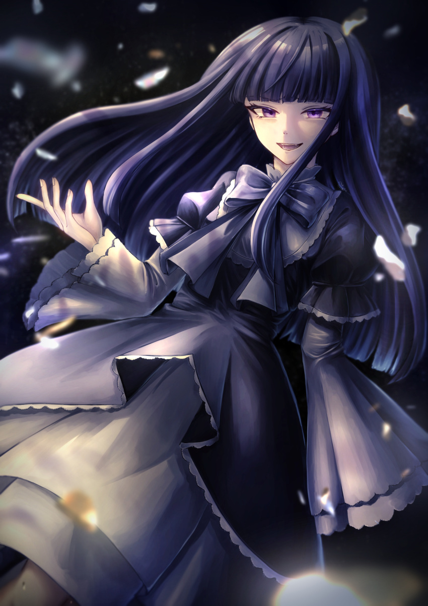 1girl absurdres black_background black_dress blue_bow blue_hair blunt_bangs blunt_ends bow dress dress_bow eyelashes fingernails flat_chest floating frederica_bernkastel frilled_dress frilled_sleeves frills highres hime_cut kakera layered_dress long_hair long_sleeves looking_at_viewer open_hand open_mouth puffy_sleeves purple_hair sidelocks smile solo straight_hair teeth umineko_no_naku_koro_ni violet_eyes wide_sleeves witch yamii_ne_char