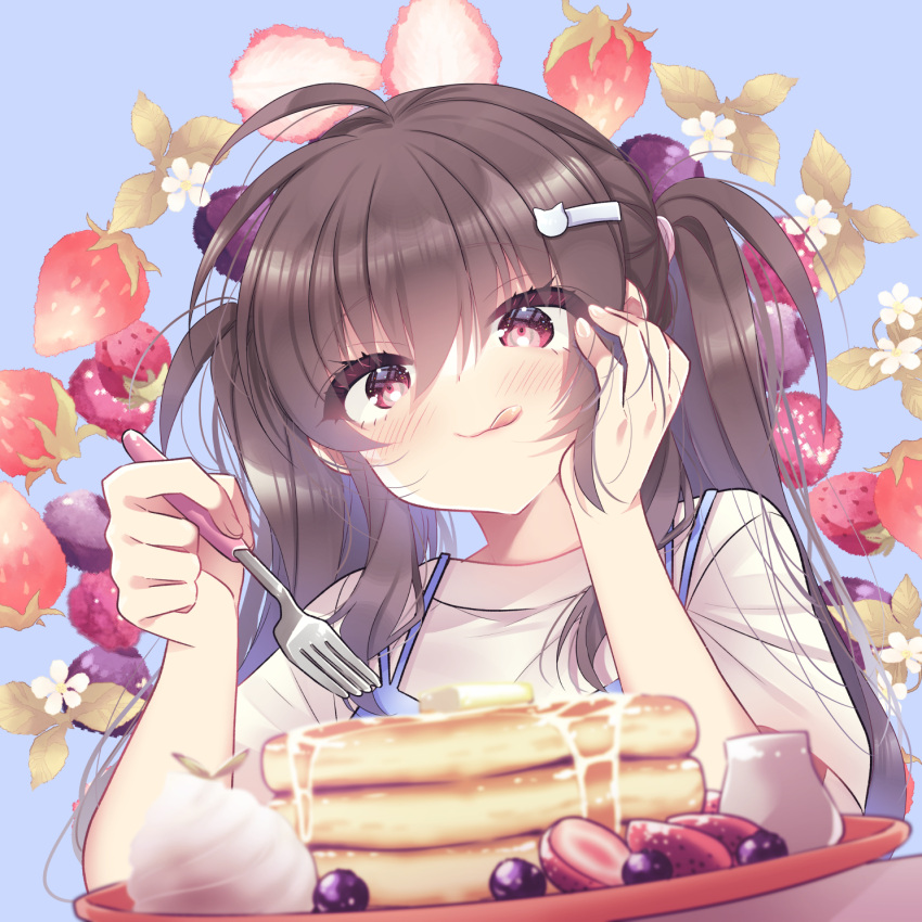 :q ahoge blue_background blurry blush brown_hair closed_mouth commentary depth_of_field eyelashes eyes_visible_through_hair flower food fork from_below fruit hair_between_eyes hair_flower hair_ornament hairclip hand_on_own_cheek hand_on_own_face hands_up hano_haruka highres holding holding_fork long_hair looking_at_food looking_at_viewer pancake pancake_stack red_eyes shirt short_sleeves sidelocks simple_background siscon_ani_to_brocon_imouto_ga_shoujiki_ni_nattara smile strawberry strawberry_slice tongue tongue_out twintails upper_body uta_(siscon_ani_to_brocon_imouto_ga_shoujiki_ni_nattara_) white_flower white_shirt