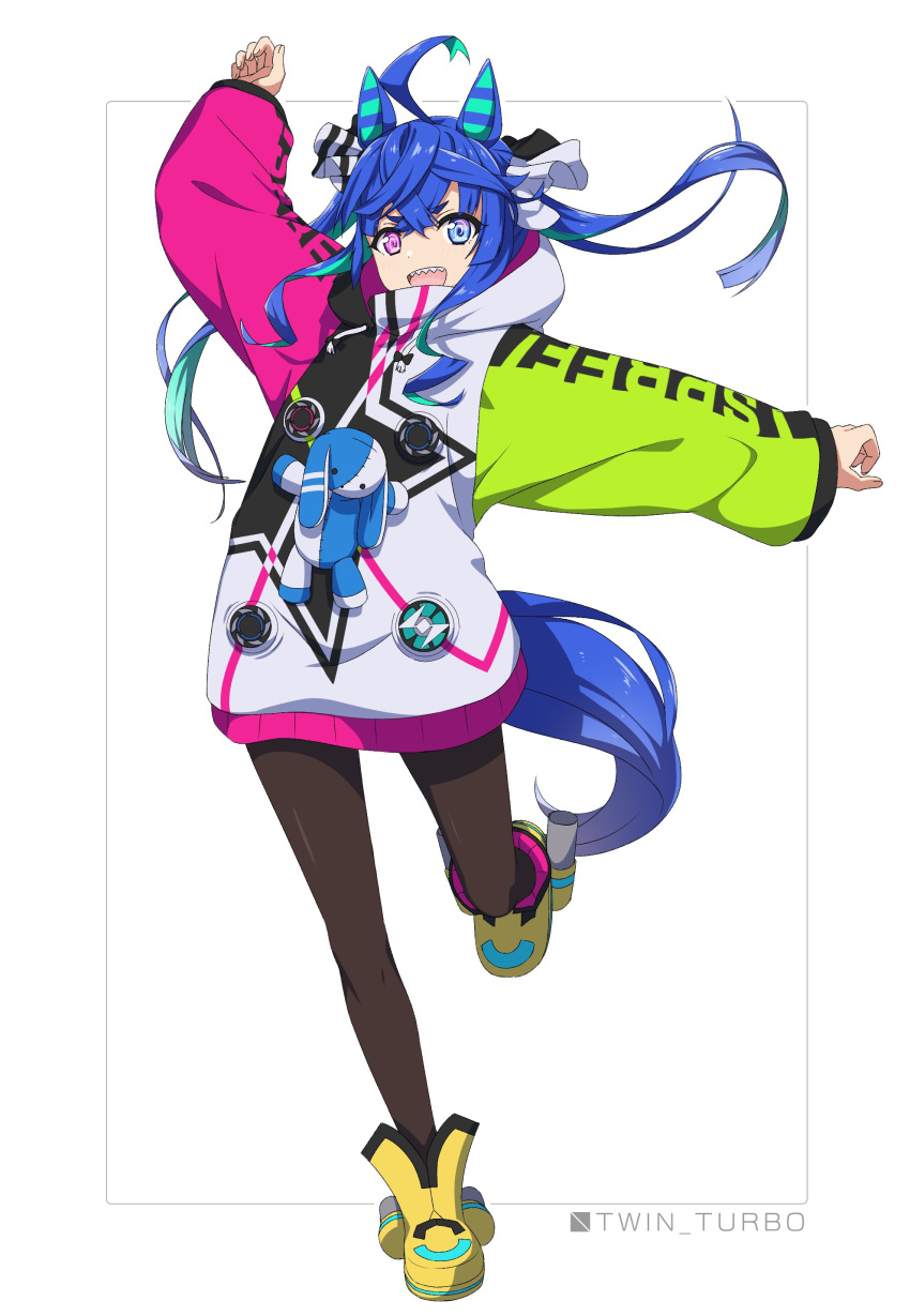 1girl :d @_@ absurdres ahoge animal_ears aqua_hair arm_up blue_eyes blue_hair boots bow brown_pantyhose character_name clothes_writing commentary crossed_bangs curled_fingers drawstring full_body hair_bow heterochromia highres hood hoodie horse_ears horse_girl horse_tail leg_up long_hair long_sleeves looking_at_viewer minowa_sukyaru multicolored_clothes multicolored_hair multicolored_hoodie outstretched_arm pantyhose sharp_teeth sidelocks simple_background smile solo standing standing_on_one_leg striped striped_bow stuffed_animal stuffed_rabbit stuffed_toy tail teeth twin_turbo_(umamusume) twintails two-tone_hair umamusume upper_teeth_only violet_eyes white_background yellow_footwear