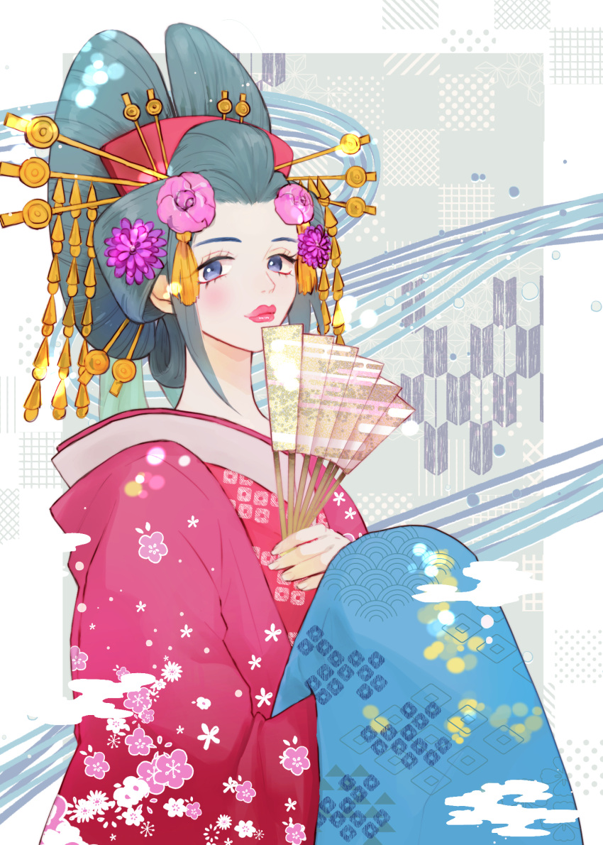 1girl aqua_eyes aqua_hair closed_mouth commentary_request flower hair_flower hair_ornament hair_stick hand_fan highres holding japanese_clothes kimono kouzuki_hiyori lips lipstick looking_at_viewer makeup nihongami oiran one_piece pink_flower red_lips rin_co_coa solo
