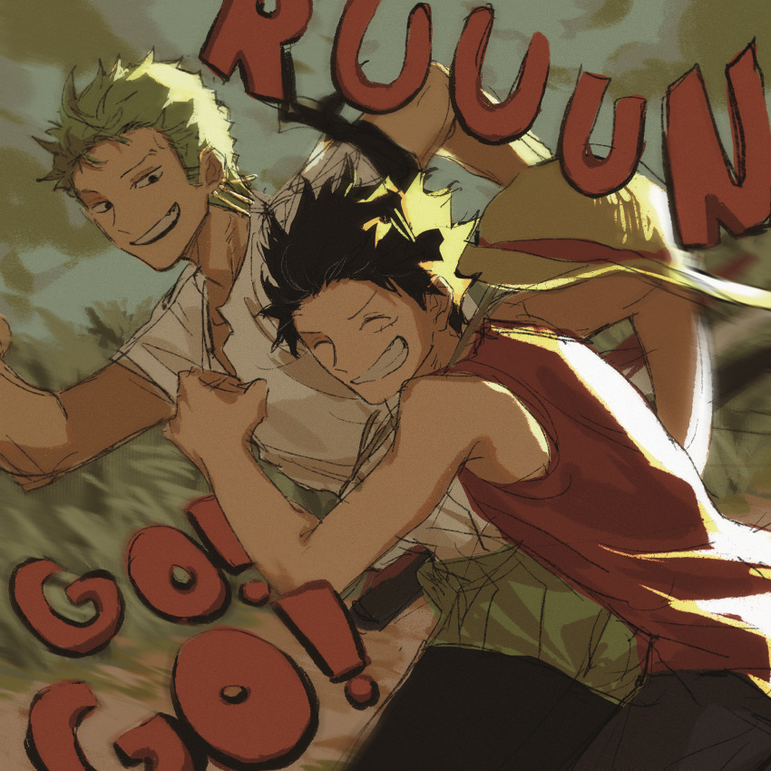 2boys bandana bandana_around_arm black_bandana black_eyes black_hair black_pants closed_eyes earrings english_text green_hair haramaki hat hat_on_back highres jewelry looking_at_another male_focus monkey_d._luffy multiple_boys nhi one_piece open_mouth outdoors pants red_vest roronoa_zoro running scar scar_on_cheek scar_on_face shirt short_hair side-by-side sideburns single_earring smile straw_hat sunlight teeth vest white_shirt