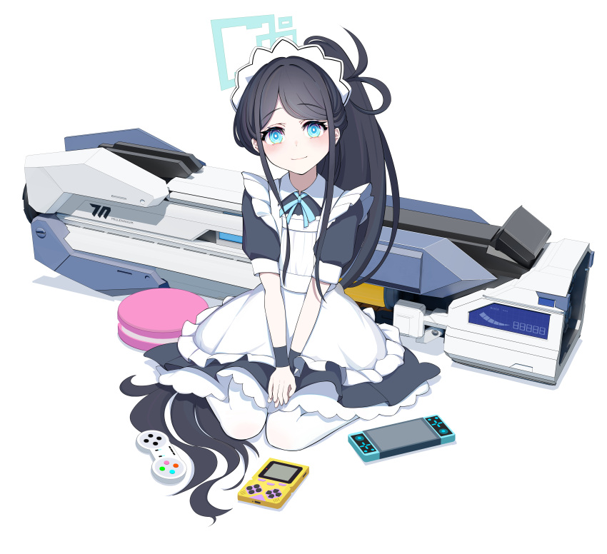 1girl absurdres apron aris_(blue_archive) black_dress black_hair black_wristband blue_archive blue_eyes blue_ribbon blush closed_mouth collared_dress commentary dress err_(artist) full_body green_halo halo handheld_game_console highres long_hair looking_at_viewer maid maid_headdress neck_ribbon own_hands_together pantyhose ponytail puffy_short_sleeves puffy_sleeves railgun ribbon short_sleeves sidelocks simple_background sitting smile solo very_long_hair wariza white_apron white_background white_pantyhose