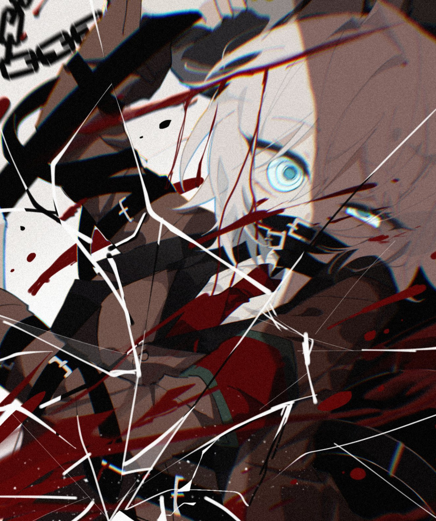 1girl blood blue_eyes brown_coat coat collared_shirt crack cracked_glass e.g.o_(project_moon) faust_(project_moon) fourth_wall gagged hammer highres holding holding_hammer incoming_attack lemonail limbus_company lobotomy_corporation long_sleeves necktie project_moon red_necktie shirt short_hair solo upper_body white_hair white_shirt
