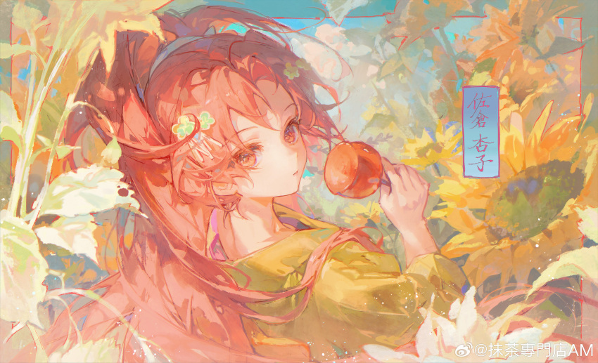 1girl absurdres alternate_costume candy_apple character_name chinese_commentary clouds colored_eyelashes commentary_request day english_commentary field flower flower_field food from_behind green_kimono green_sleeves hair_flower hair_ornament high_ponytail highres holding holding_food japanese_clothes kimono long_hair long_sleeves looking_at_viewer maccha_(mochancc) mahou_shoujo_madoka_magica mahou_shoujo_madoka_magica_(anime) mixed-language_commentary outdoors parted_lips ponytail_holder red_eyes redhead sakura_kyoko solo sunflower sunflower_field tassel tassel_hair_ornament upper_body watermark weibo_logo weibo_username yellow_flower yukata