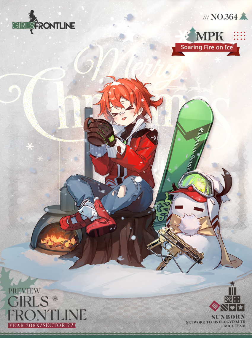 &gt;_&lt; 1girl =_= ahoge animal_ear_hairband bandaid bandaid_on_face bandaid_on_nose baseball_cap black_gloves blue_pants blush broken_goggles character_name checkered_floor christmas christmas_tree closed_eyes commentary company_name copyright_name cup english_commentary english_text fire frosted_glass full_body girls_frontline gloves goggles goggles_on_headwear green-tinted_eyewear green_gloves hat heart highres holding holding_cup holly indian_style jacket kinoshita_neko long_sleeves merry_christmas mpk_(girls'_frontline) mpk_(soaring_fire_on_ice)_(girls'_frontline) official_alternate_costume official_art pants pom_pom_(clothes) promotional_art red_footwear red_jacket red_nose redhead scarf second-party_source short_hair sitting sitting_on_tree_stump smile snow snow_on_head snowboard snowflakes snowing snowman solo star_(symbol) tinted_eyewear tongue tongue_out torn_clothes torn_jacket torn_pants tree_stump two-sided_gloves unworn_headwear walther_mp white_background wood wood-burning_stove yellow_scarf