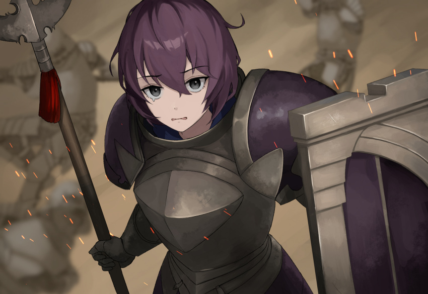 1girl alternate_costume armor battlefield bernadetta_von_varley brown_background dogansa fire_emblem fire_emblem:_three_houses gauntlets grey_eyes highres holding holding_polearm holding_shield holding_weapon looking_at_viewer pauldrons polearm purple_hair shield short_hair shoulder_armor solo spear tearing_up weapon