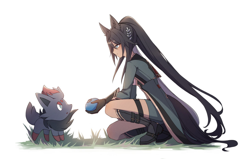 animal_ears black_footwear black_gloves blue_eyes boots closed_mouth commentary_request dark-skinned_female dark_skin gloves green_jacket green_shorts hair_ornament hairclip highres holding horse_ears horse_girl horse_tail jacket kneeling long_hair long_sleeves on_grass open_clothes open_jacket pokemon pokemon_(creature) ponytail shorts simple_background symboli_kris_s_(umamusume) tail thigh_strap toriumi_(fioripera14) umamusume very_long_hair white_background
