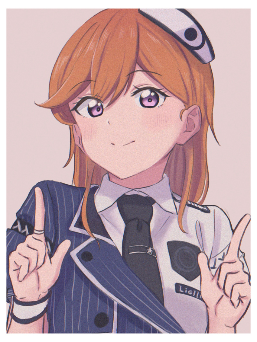 1girl absurdres black_necktie blush border buttons close-up closed_mouth collared_shirt commentary_request double_finger_gun finger_gun gomadare4869 hair_between_eyes highres idol_clothes index_finger_raised looking_at_viewer love_live! love_live!_superstar!! medium_hair necktie orange_hair portrait shibuya_kanon shirt short_sleeves simple_background smile solo violet_eyes white_border white_headwear white_shirt
