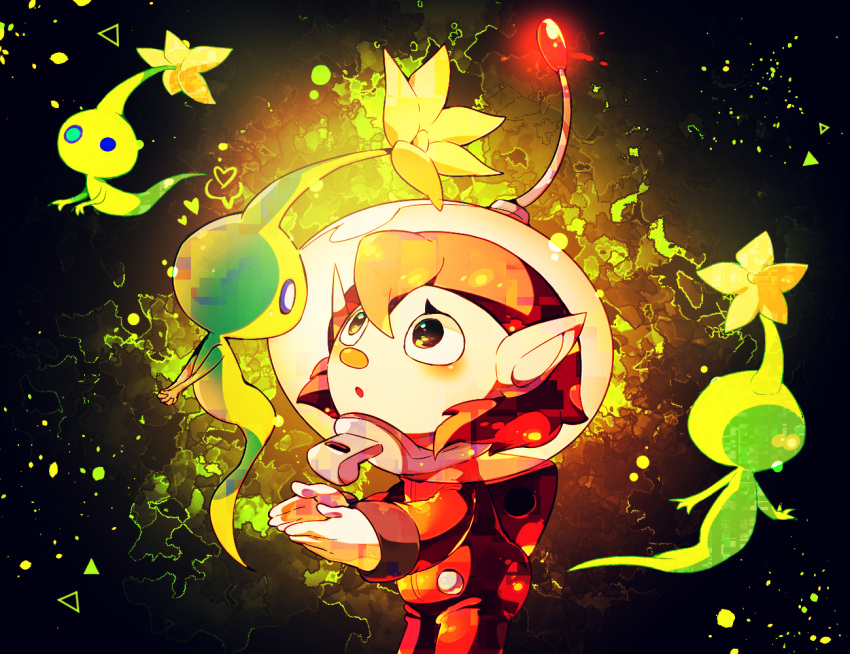 1girl :o backpack bag black_background black_eyes blue_eyes buttons colored_skin commentary_request eyelashes feet_out_of_frame flower ghost_tail gloves glow_pikmin glowing green_skin helmet jumpsuit light_blush looking_at_another outstretched_hand parted_lips petals pikmin_(creature) pikmin_(series) pikmin_4 pointy_ears radio_antenna red_bag red_jumpsuit red_light redhead rescue_officer_(pikmin) shirushiki short_hair solid_circle_eyes space_helmet spacesuit triangle whistle white_gloves yellow_flower