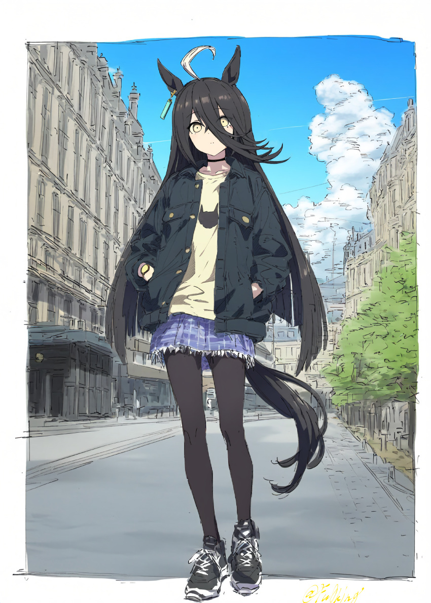 1girl 7kussa absurdres ahoge alternate_costume animal_ears black_choker black_footwear black_hair black_jacket black_pantyhose blue_skirt blue_sky border choker closed_mouth clouds cloudy_sky commentary_request earrings full_body hair_between_eyes hands_in_pockets highres horse_ears horse_girl horse_tail jacket jewelry long_hair looking_at_viewer manhattan_cafe_(umamusume) multicolored_hair open_clothes open_jacket outdoors pantyhose plaid plaid_skirt road shirt shoes single_earring skirt sky sneakers solo streaked_hair street tail tree umamusume very_long_hair watch watch white_border white_hair white_shirt yellow_eyes