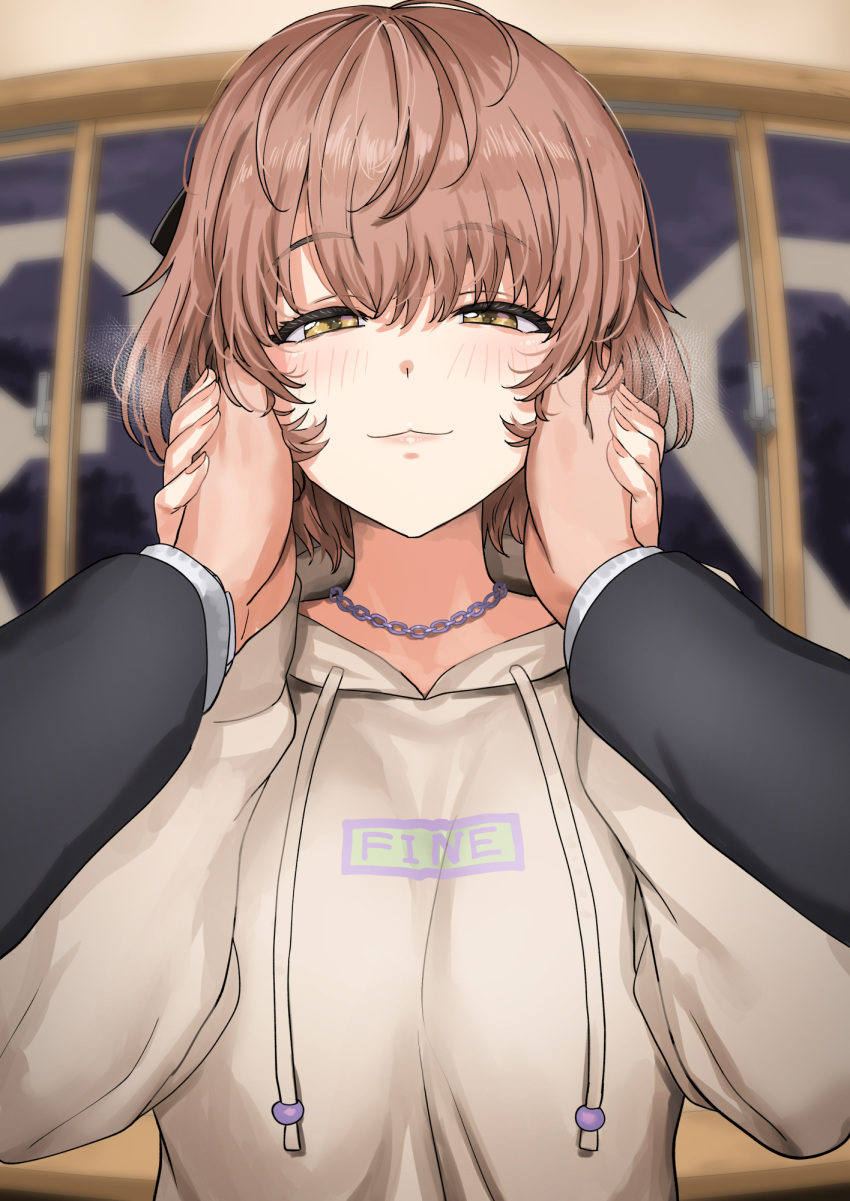 1boy 1girl blush brown_hair chain_necklace half-closed_eyes hand_on_hand hands_on_another's_cheeks hands_on_another's_face hetero highres hood hoodie idolmaster idolmaster_shiny_colors ikuta_haruki indoors jewelry looking_at_viewer necklace pov pov_hands producer_(idolmaster) short_hair smile tsurui upper_body