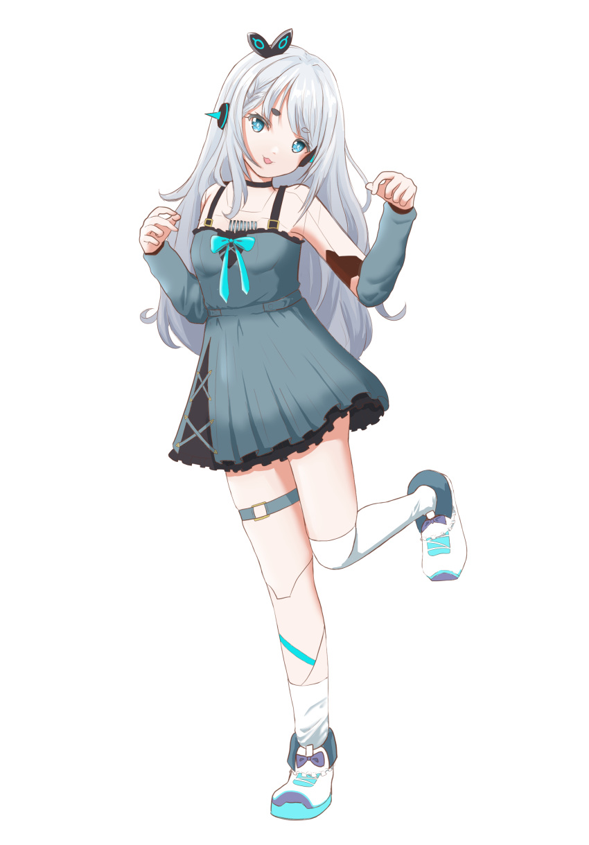 1girl absurdres and_uge android asymmetrical_legwear black_choker blue_eyes breasts choker commentary_request detached_sleeves dress foot_up frilled_dress frills full_body grey_dress grey_hair grey_sleeves highres joints long_hair looking_at_viewer mago1_vt medium_bangs nanashi_inc. open_mouth robot_girl robot_joints shoes simple_background sleeveless sleeveless_dress small_breasts smile sneakers socks solo thick_eyebrows uneven_legwear very_long_hair virtual_youtuber white_background white_footwear white_socks winding_key