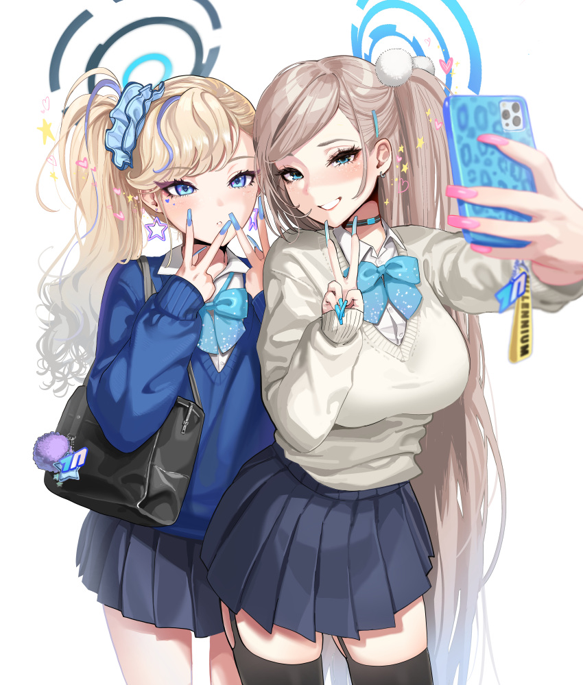 2girls aa2mee absurdres alternate_hairstyle asuna_(blue_archive) asymmetrical_bangs bag black_halo black_skirt black_thighhighs blonde_hair blue_archive blue_bow blue_bowtie blue_eyes blue_halo blue_nails blue_sweater blurry blush bow bowtie breasts cellphone choker collared_shirt cowboy_shot depth_of_field double_v earrings facial_mark fake_nails fingernails garter_straps grin gyaru hair_behind_ear hair_ornament hair_tuft hairclip halo handbag heart heart_facial_mark highres jewelry kogal large_breasts leaning_forward long_fingernails long_hair long_sleeves loose_bowtie miniskirt multicolored_hair multiple_girls parted_lips phone pink_nails pleated_skirt school_swimsuit scrunchie selfie shirt side_ponytail simple_background skirt smartphone smile star_(symbol) star_earrings starry_sky_print streaked_hair sweater swept_bangs swimsuit thick_eyelashes thigh-highs toki_(blue_archive) tsurime v v-neck very_long_hair white_background white_shirt zettai_ryouiki