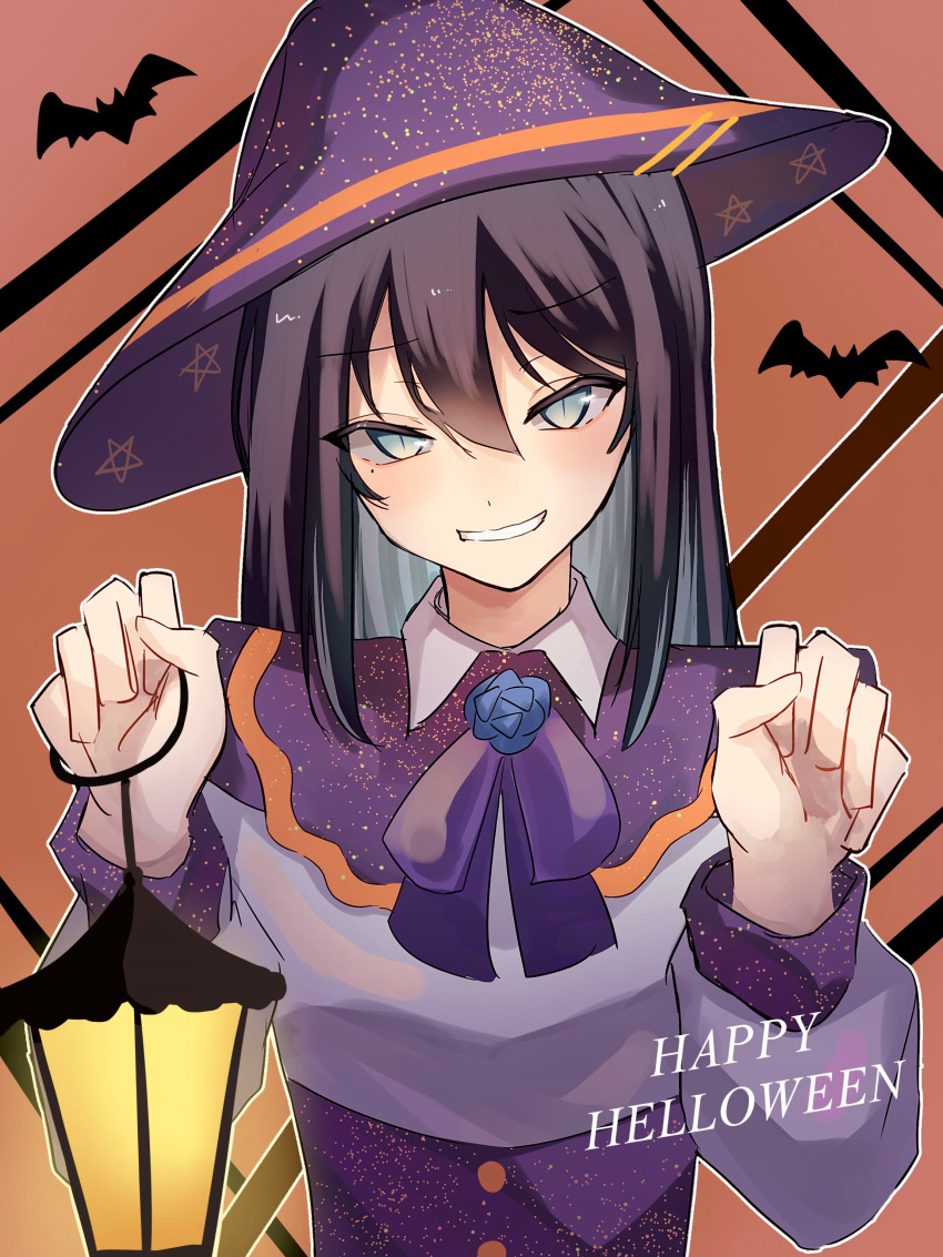 1girl absurdres ado_(utaite) bat_(animal) black_hair blue_eyes blue_flower blue_hair blue_rose blush bow bowtie chando_(ado) claw_pose cloud_nine_inc collared_dress colored_inner_hair commentary dress english_text engrish_text flower flower_brooch hair_between_eyes halloween halloween_costume hands_up happy_halloween hat highres holding holding_lantern lantern long_hair long_sleeves looking_at_viewer mole mole_under_eye multicolored_hair outline purple_bow purple_bowtie purple_headwear ranguage rose sidelocks slit_pupils smile solo tsukuno_tsuki two-tone_hair upper_body utaite white_outline witch_hat