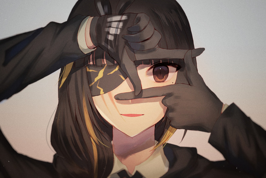 1girl black_gloves black_jacket brown_eyes brown_hair eyepatch girls_frontline gloves jacket long_hair long_sleeves looking_at_viewer m16a1_(girls'_frontline) open_mouth scar shirt smile xanax025 yellow_shirt