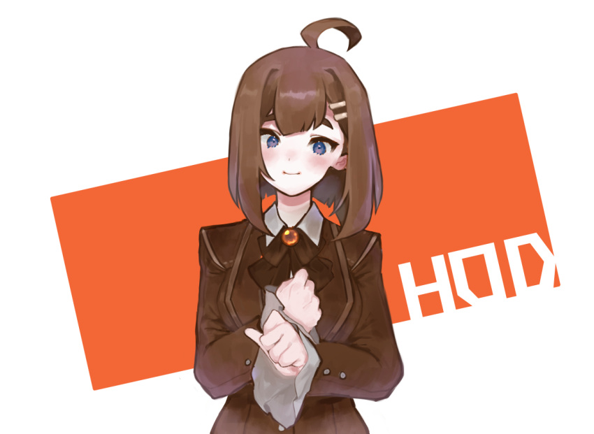 1girl ahoge blue_eyes blush bow bowtie brown_bow brown_bowtie brown_coat brown_hair closed_mouth coat collared_shirt frilled_sleeves frills hair_ornament hairclip hod_(project_moon) library_of_ruina long_sleeves medium_hair project_moon shirt smile solo uchimura_(rino0525) upper_body white_shirt