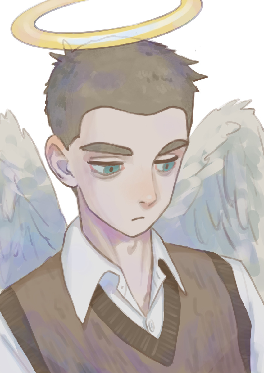 1boy absurdres all_saints_street brown_hair buttons closed_mouth collarbone dress_shirt green_eyes halo highres long_sleeves looking_down lynn_angel pale_skin shirt short_hair simple_background solo sweater_vest thick_eyebrows ueotto upper_body very_short_hair white_background wings