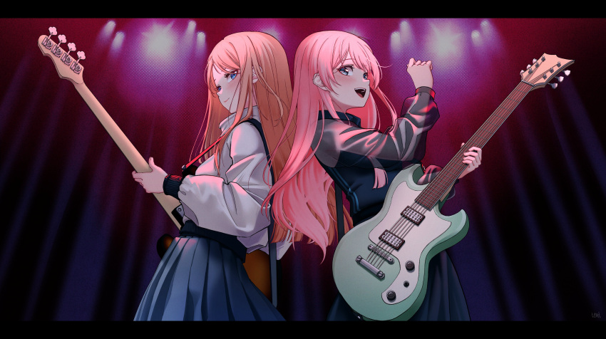 2girls :d absurdres back-to-back bang_dream! bang_dream!_it's_mygo!!!!! bass_guitar black_dress blue_eyes blue_skirt brown_hair chihaya_anon commentary_request dress electric_guitar fang grey_eyes guitar highres holding holding_instrument ichi_(bttrfl1es) instrument letterboxed light_blush long_hair looking_to_the_side multiple_girls nagasaki_soyo pink_hair pleated_skirt see-through see-through_sleeves sidelocks signature skirt smile stage_lights sweater teeth turtleneck turtleneck_sweater upper_teeth_only white_sweater