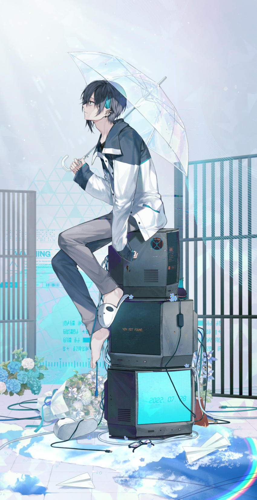 1boy absurdres black-framed_eyewear black_hair black_jacket blue_flower bouquet clouds commentary_request crt flower green_hair highres holding holding_umbrella jacket looking_to_the_side male_focus mayuzumi_kai mayuzumi_kai_(1st_costume) moro_(from_m0r0) multicolored_clothes multicolored_hair multicolored_jacket nijisanji open_gate paper_airplane puddle rainbow reflection short_hair sitting sitting_on_object slippers solo streaked_hair television transparent transparent_umbrella two-tone_jacket umbrella unworn_footwear virtual_youtuber white_flower white_footwear white_jacket