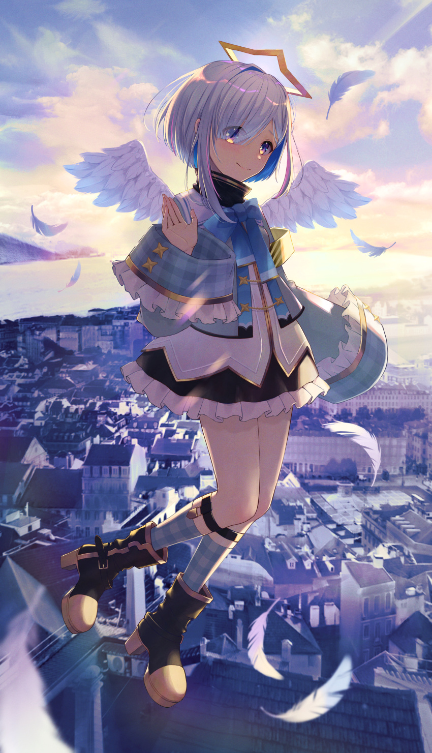 1girl absurdres aiguillette amane_kanata amane_kanata_(1st_costume) angel_wings armband asymmetrical_bangs black_footwear black_skirt blue_bow blue_bowtie blue_hair blue_socks bob_cut boots bow bowtie city closed_mouth colored_inner_hair cropped_jacket feathered_wings feathers film_grain flying frilled_skirt frills full_body gingham_socks gradient_wings grey_hair grey_jacket hair_over_one_eye halo hand_up highres hololive jacket kneehighs legwear_garter long_sleeves looking_at_viewer mini_wings miniskirt multicolored_hair multicolored_wings outdoors pink_hair sailor_collar shine_kyou shirt short_hair single_hair_intake skirt sky sleeve_cuffs smile socks solo star_halo streaked_hair sunrise turtleneck undershirt violet_eyes virtual_youtuber waving white_sailor_collar white_shirt white_wings wide_sleeves wings