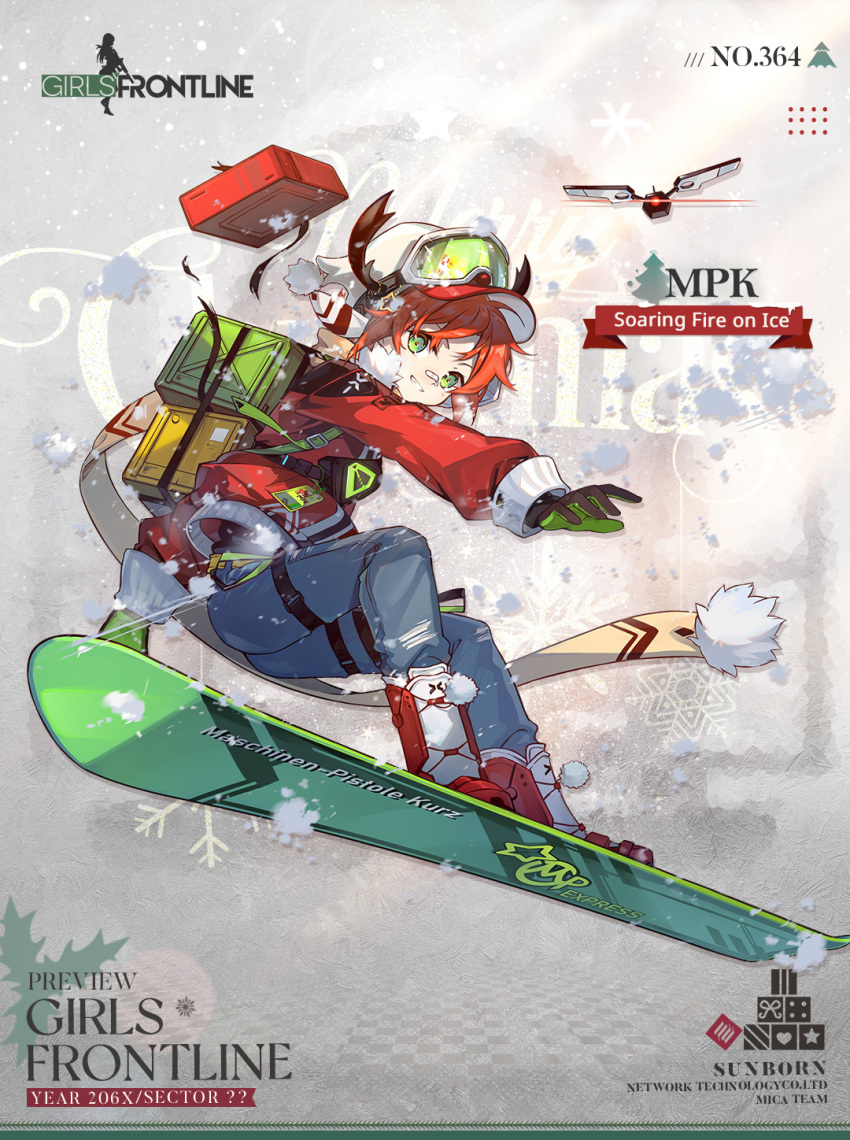 1girl animal_ear_hairband backpack bag bandaid bandaid_on_face bandaid_on_nose baseball_cap black_gloves blue_pants box_on_back character_name checkered_floor christmas christmas_tree commentary company_name copyright_name drone english_commentary english_text frosted_glass full_body girls_frontline gloves goggles goggles_on_headwear green-tinted_eyewear green_eyes green_gloves grin hat heart highres holly id_card jacket kinoshita_neko long_sleeves looking_at_viewer merry_christmas mpk_(girls'_frontline) mpk_(soaring_fire_on_ice)_(girls'_frontline) official_alternate_costume official_art pants pom_pom_(clothes) promotional_art red_footwear red_jacket red_nose redhead scarf second-party_source short_hair smile snow snowboard snowboarding snowflakes snowing solo star_(symbol) tinted_eyewear torn_straps two-sided_gloves white_background yellow_scarf