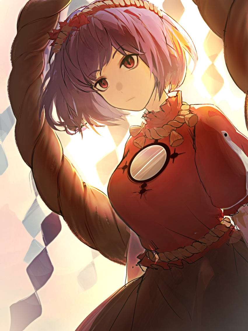 1girl breasts chinese_commentary closed_mouth commentary_request dark_skin euthan highres medium_breasts mirror puffy_short_sleeves puffy_sleeves purple_hair red_eyes red_shirt rope shide shimenawa shirt short_hair short_sleeves skirt solo touhou yasaka_kanako