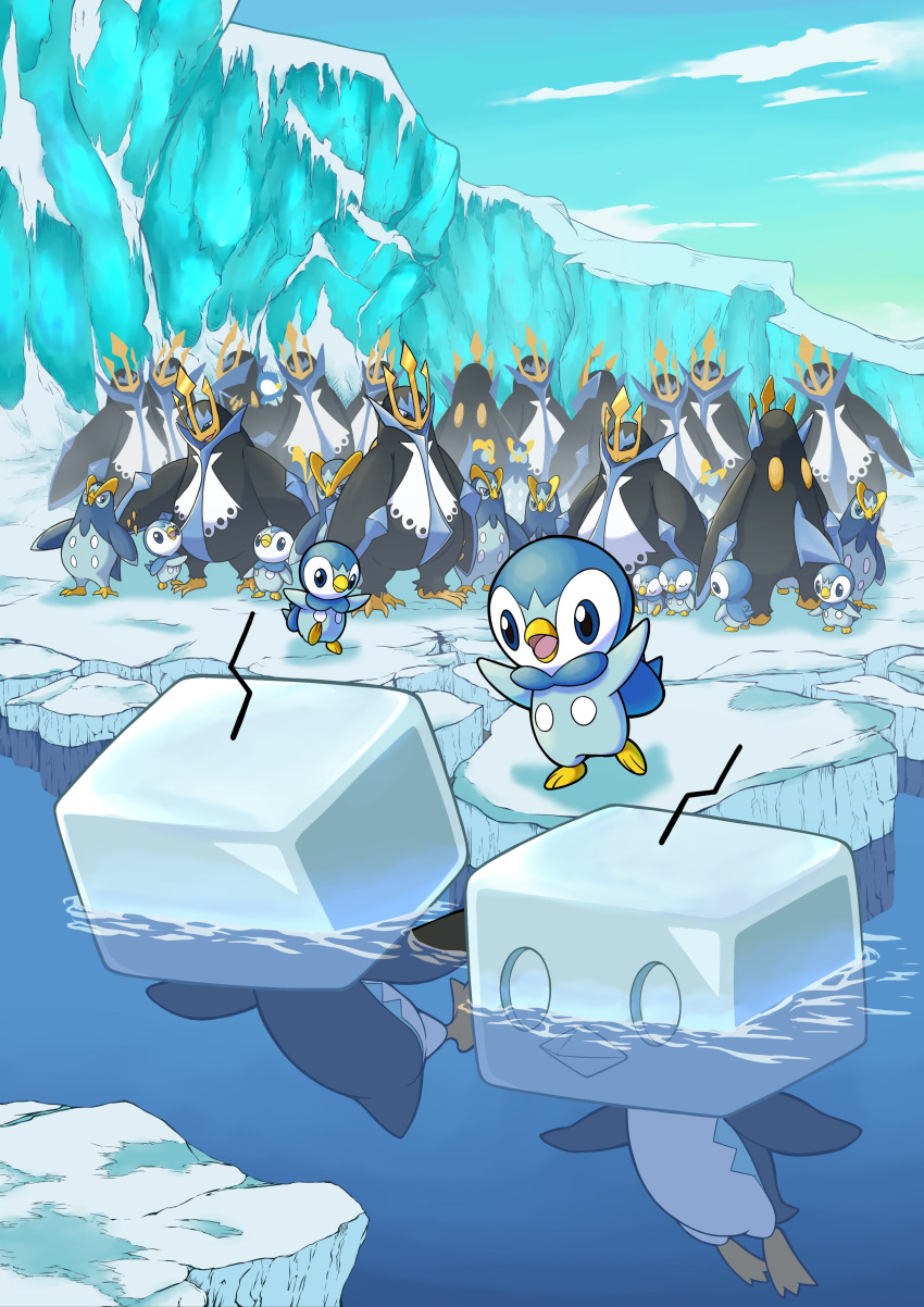 absurdres afloat bird clouds commentary_request day eiscue eiscue_(ice) empoleon evolutionary_line highres ice no_humans open_mouth outdoors penguin piplup pokemon pokemon_(creature) prinplup q-chan sky snow standing water